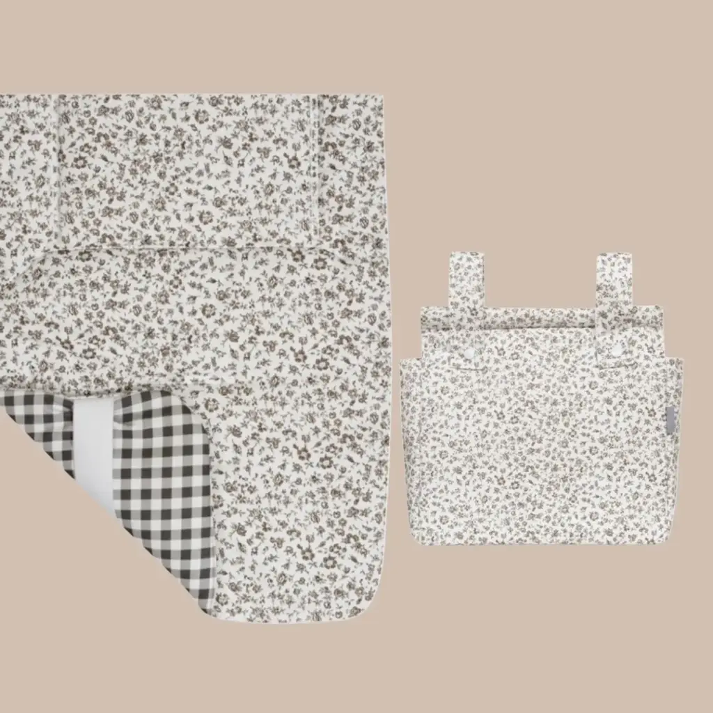 CONJUNTO VICHY GRIS / FLORES COLCHONETA REVERSIBLE