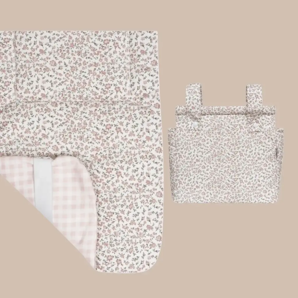CONJUNTO VICHY ROSA / FLORES COLCHONETA REVERSIBLE 